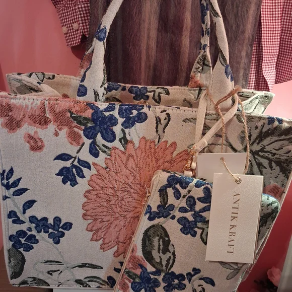 Antik Kraft Blue and Pink Floral Tote - Picture 1 of 1